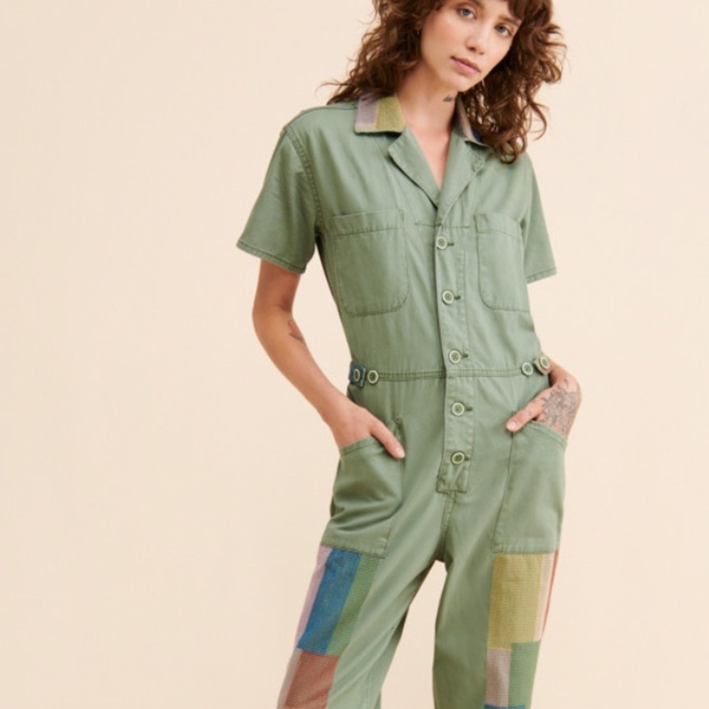 PISTOLA Grover Cotton Twill Patchwork Button-Front Jumpsuit - L